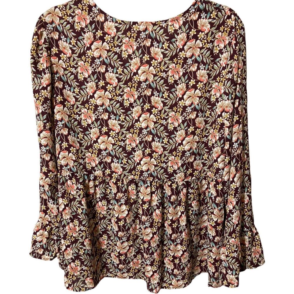 Counterparts Women’s Large Brown Floral Peplum Long Sleeve Blouse - Picture 2 of 7
